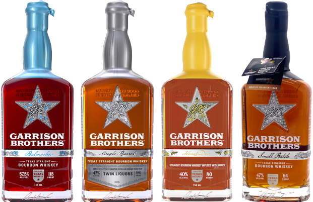 Garrison Brothers Bourbon Whiskey Combo 750 ML bottles featuring Balmorhea, Single Barrel, Honey Dew, and Small Batch varieties.