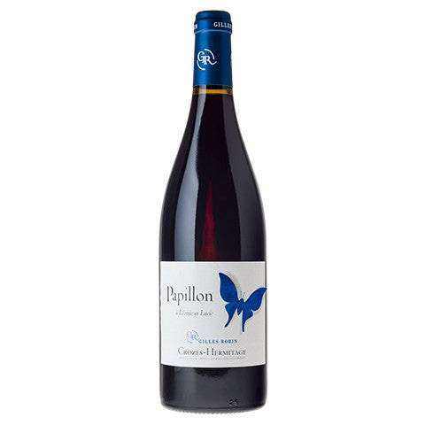 Gilles Robin Crozes-Hermitage Papillon 2017 wine bottle with butterfly label design.