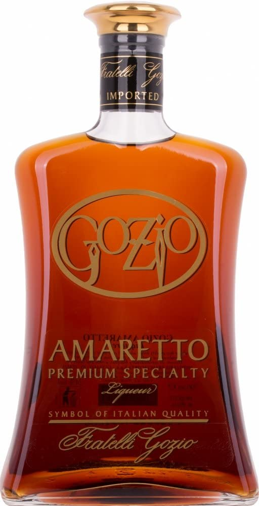 Gozio Amaretto Premium Specialty Liqueur 1L bottle with golden accents.