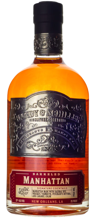 Handy Schiller Barreled Manhattan Cocktail 750 ML bottle with amber liquid and ornate label.