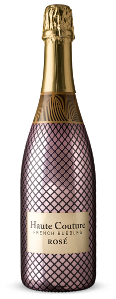 Haute Couture French Bubbles Rose 750 ML bottle with elegant design, showcasing sophisticated, bubbly rose wine.