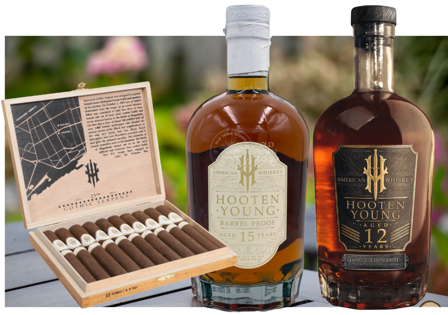 Hooten Young 15 Year Barrel Proof whiskey bottle with 12 Year whiskey and Operation Gothic Serpent cigar box combo