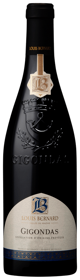 Bottle of Louis Bernard Gigondas wine on a gray background
