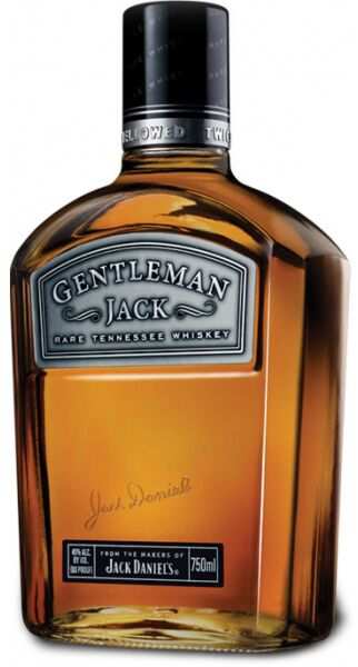 Gentleman Jack Double Mellowed Tennessee Whiskey 1L bottle with golden amber whiskey inside and black cap