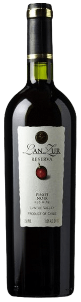 Bottle of Lanzur Reserva Pinot Noir 2020 750 ML, a Chilean red wine with a sleek label and ruby hue, ideal for light dishes and elegant occasions.