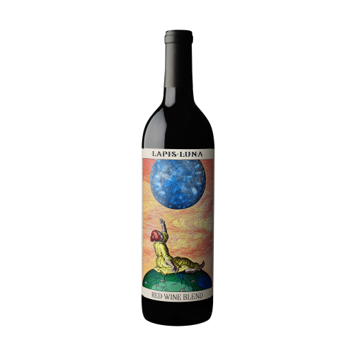 Lapis Luna Red Wine Blend 750ml bottle with artistic blue moon label and vintage style design
