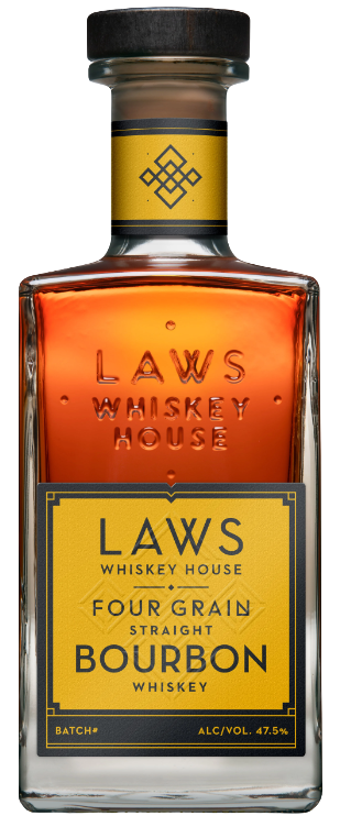 Laws Whiskey House Four Grain Straight Bourbon Whiskey 750ML bottle with yellow label and dark wooden cap