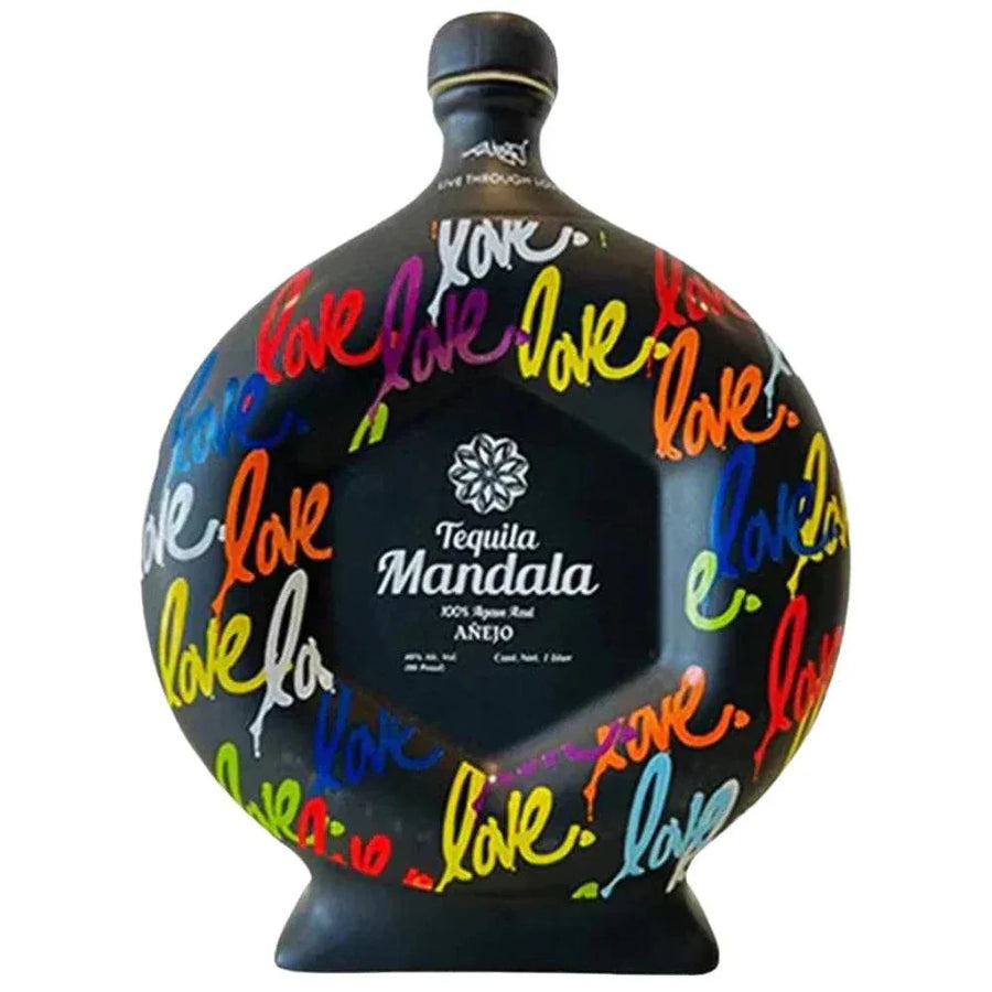 Mandala Love Edition Añejo Tequila in a heart-shaped ceramic bottle with smooth caramel and vanilla notes