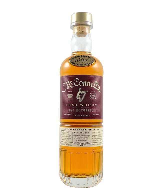 McConnells 5 Years Aged Sherry Cask Finish Irish Whisky 750 ML bottle with amber hue and label details.