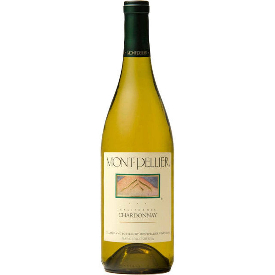 Montpellier Vineyards Chardonnay 750 ML bottle with pale golden wine, showcasing classic California white wine with fresh apple, pear, and citrus aromas.