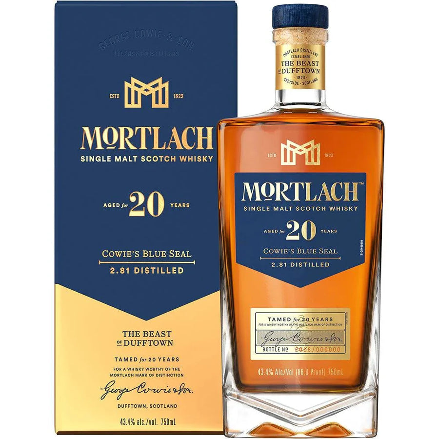 Mortlach Single Malt Scotch Cowie's Blue Seal 20 Yr aged whisky bottle with rich oak and sherry flavors