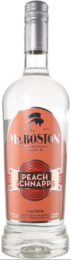 Mr. Boston Peach Schnapps 750 ML bottle, peach-flavored spirit for cocktails.