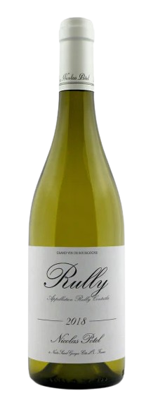Bottle of Nicolas Potel Rully Blanc 2018 white Burgundy wine with a pale straw-yellow color