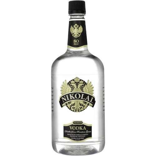 Nikolai Premium Vodka 80 1.75 L clear bottle with black and gold label and cap