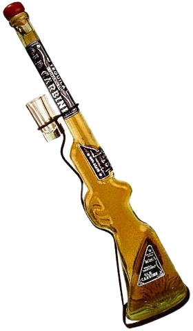 Old Carbine Agave Tequila Reposado 1L bottle shaped like a carbine rifle with amber liquid inside