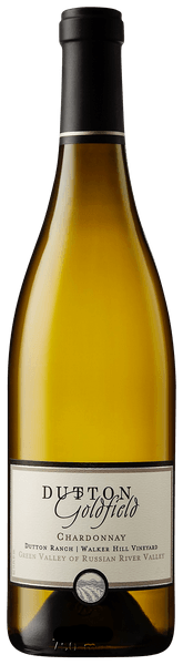 Bottle of Dutton Goldfield Chardonnay wine with a black cap and label.