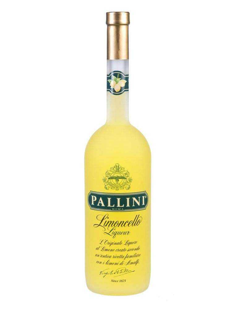 Pallini Limoncello Liqueur 750 ML bottle with vibrant lemon zests from the Amalfi Coast.
