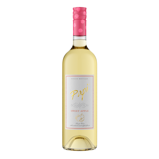 Papi Sweet Apple 750 ML bottle of sweet apple flavored wine with pink cap and light yellow liquid