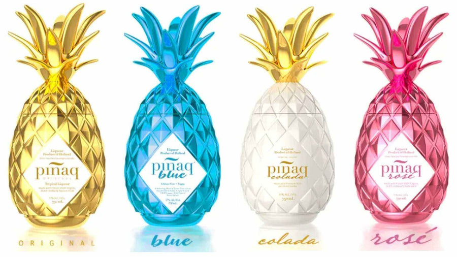 Pinaq Liqueur 34 combo pack featuring Original, Blue, Colada, and Rose bottles, each 750 ML, with unique tropical flavors and vibrant pineapple-shaped packaging.