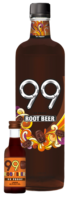 99 Brand Root Beer Liqueur 750ML bottle with vibrant label design, offering nostalgic root beer flavor.