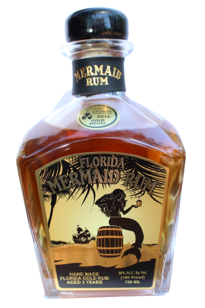 NJoy Spirit's Mermaid Rum 750 ML bottle with gold and black label, highlighting its 100 proof craft quality.
