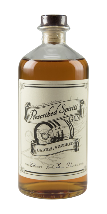Prescribed Spirits Barrel Finished Gin 750ML bottle with oak barrel and juniper notes.