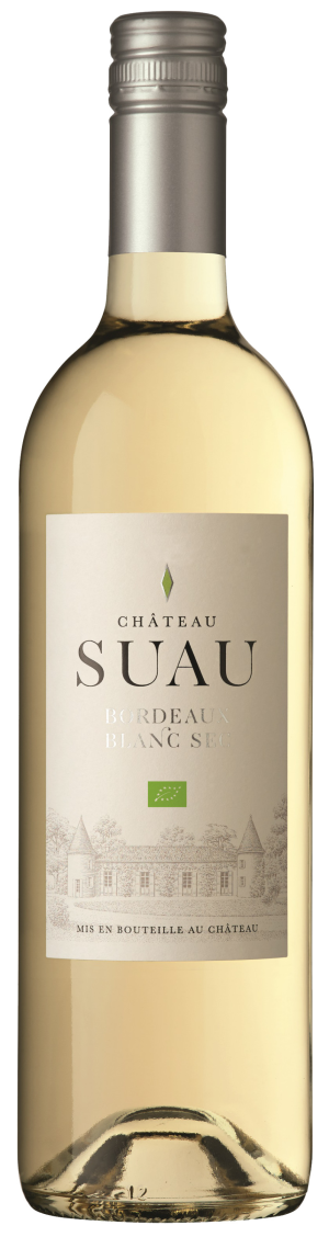 Chateau Suau Bordeaux Blanc Sec 750 ML wine bottle with organic label.