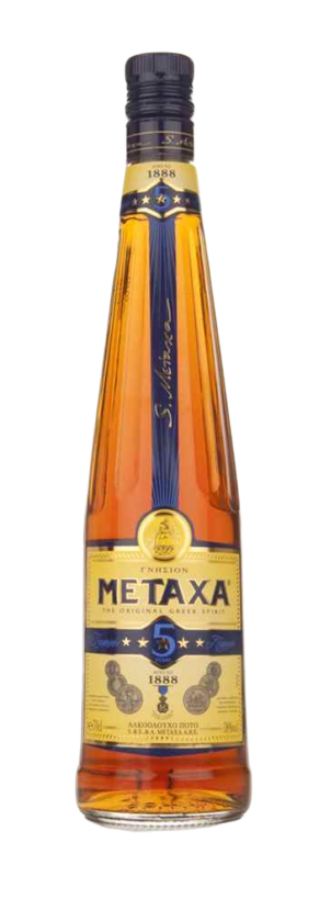 Metaxa 5 Stars Brandy 750 ML bottle with golden amber hue and blue label.