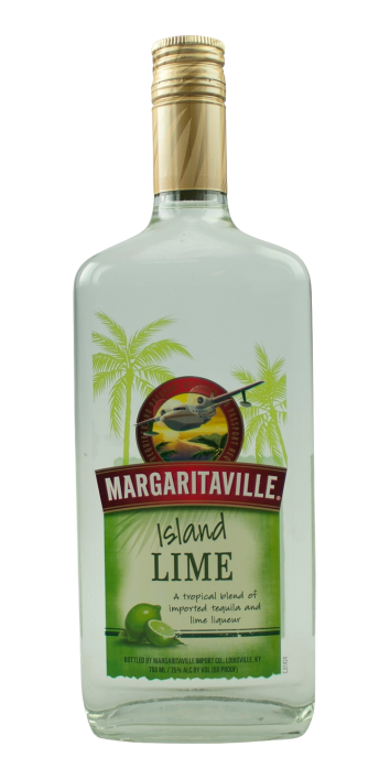 Bottle of Margaritaville Spirits Island Lime Tequila 750 ML with fresh limes and a cocktail glass