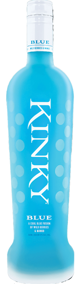Kinky Beverages Blue Liqueur 750 ML bottle with vibrant blue hue, showcasing its wild berry and mango fusion, ideal for tropical cocktails.