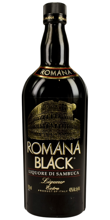 Romana Black Sambuca 750 ML bottle with deep black liqueur and Italian label.