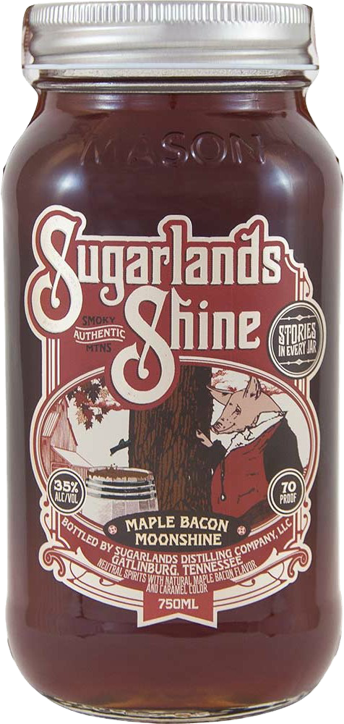 Sugarlands Shine Maple Bacon Moonshine 750 ML bottle with decorative label, breakfast-inspired spirit.