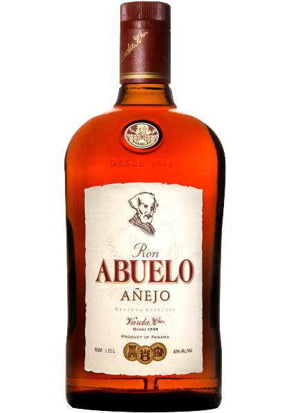 Ron Abuelo Anejo Reserva Especial Rum bottle, 1L, golden amber color.