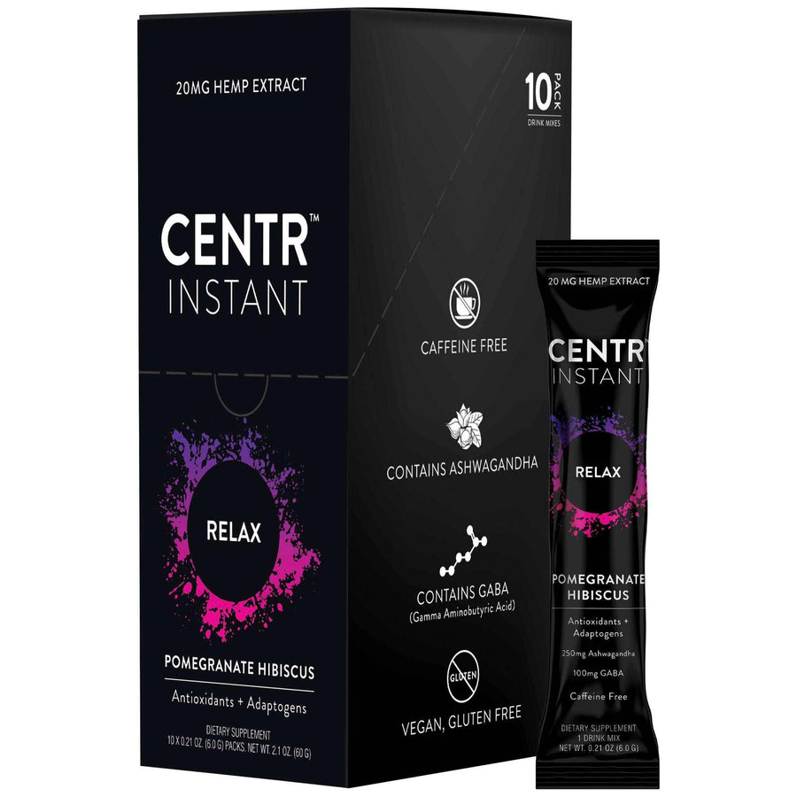 Centr Instant Relax Natural Pomegranate & Hibiscus supplement with electrolytes and vitamins for workout support.