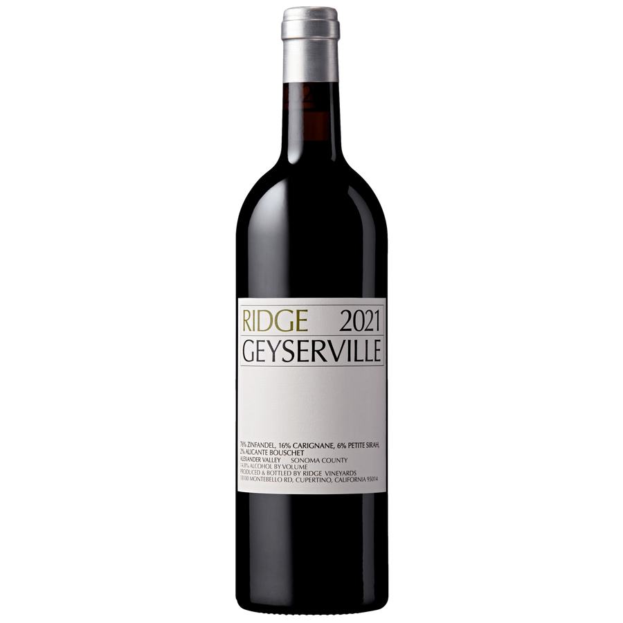 Ridge Vineyards Red Wine Geyserville Vineyard 2023 bottle with rich dark berry and spice aromas from Sonoma County