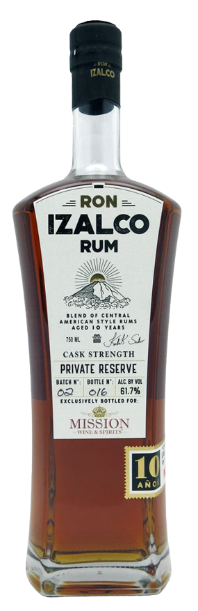 Ron Izalco 10 Anos Cask Strength Private Reserve Rum bottle with dark amber color.