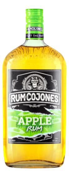 Rum Cojones Apple flavored rum 750ml bottle with green cap and black label featuring apple design