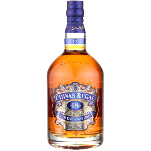 Chivas Regal Blended Scotch Gold Signature 18 Year 1L bottle with rich amber hue and elegant label.