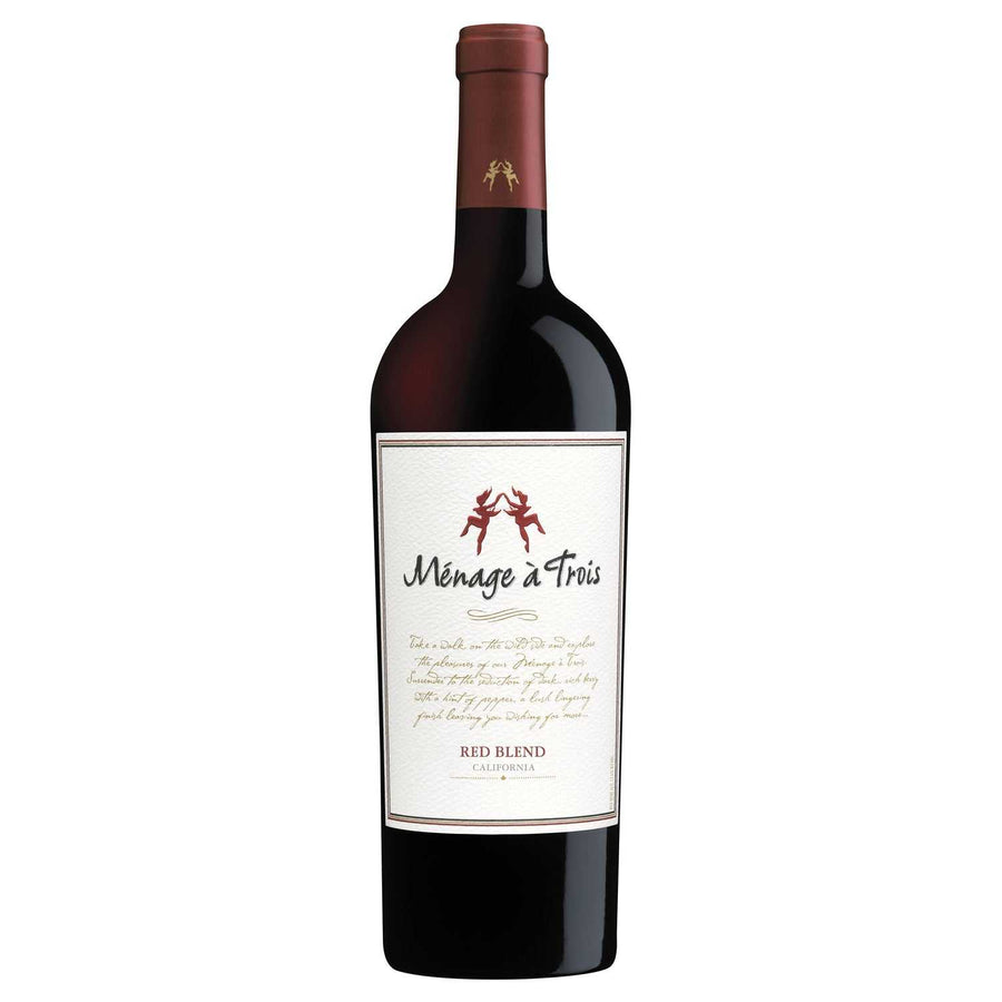 Menage A Trois Red Wine California 750 ML bottle with grapevine background