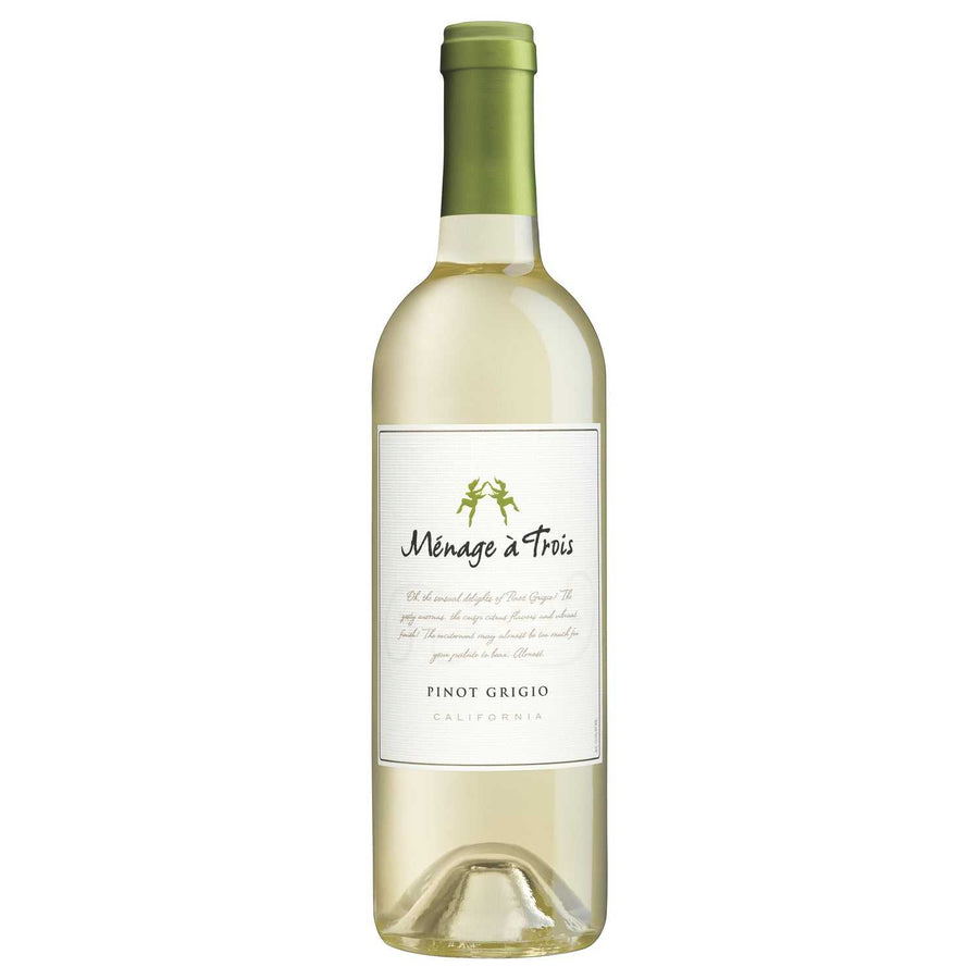Menage A Trois Pinot Grigio California 750 ML white wine bottle with citrus and green apple flavors