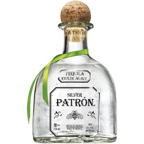 Patrón Tequila Silver 750 ML bottle with green ribbon, crafted from 100% Weber Blue Agave.