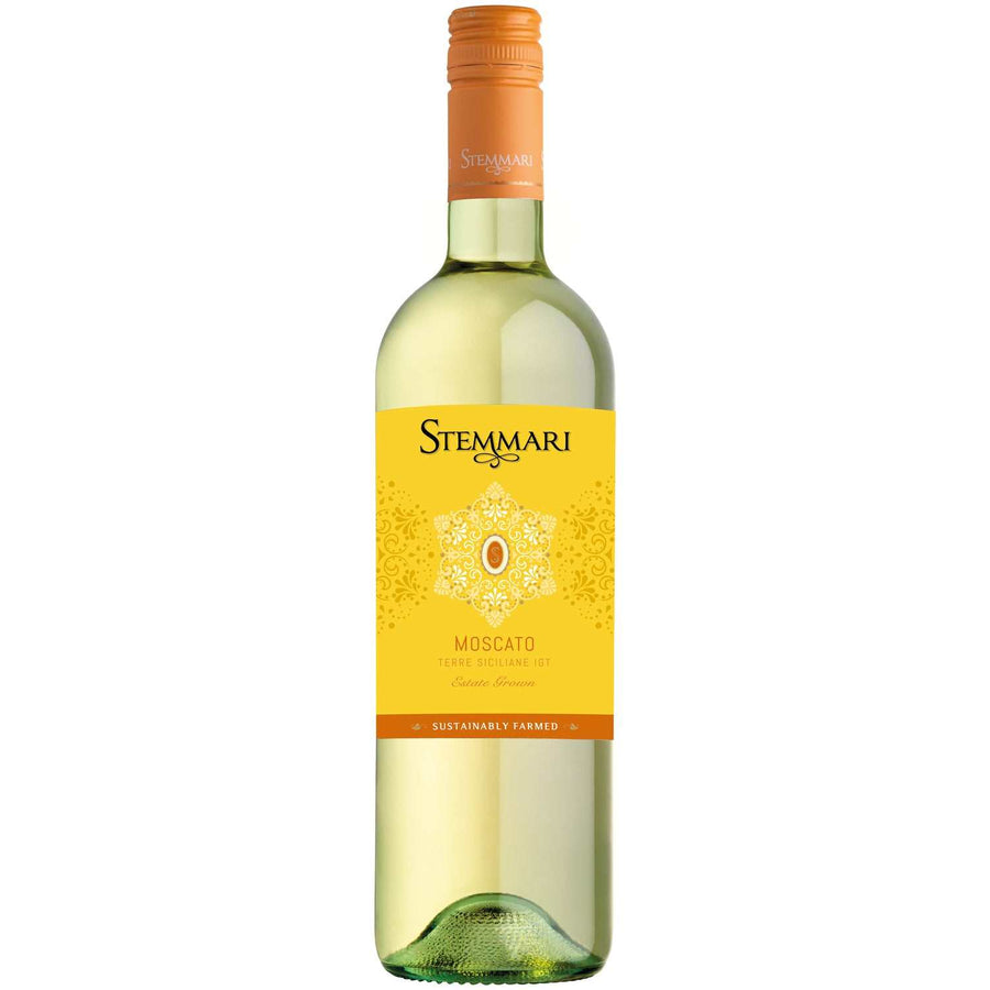 Bottle of Stemmari Moscato Terre Siciliane 750 ML white wine with floral and fruity aromas from Sicily