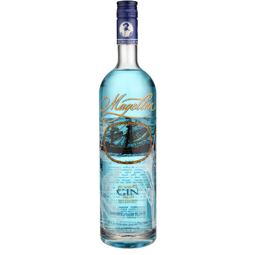 Magellan Iris Flavored Gin 1L bottle with natural blue tint.