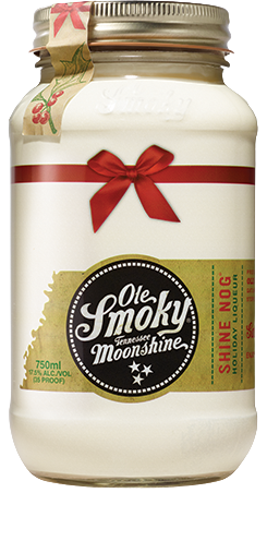 Ole Smoky Shine Nog 750 ML jar with holiday-themed label and red ribbon.