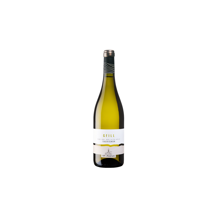 St. Pauls Sauvignon Alto Adige 750ml white wine bottle with alpine vineyard background