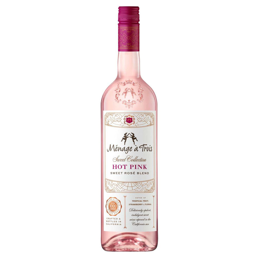 Menage A Trois Hot Pink Sweet Rose Blend 750ML bottle with vibrant pink label and fresh berry notes