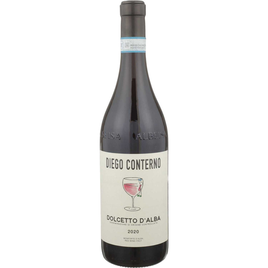 Bottle of Diego Conterno Dolcetto D'Alba 2020 Italian red wine with red cherry and violet notes