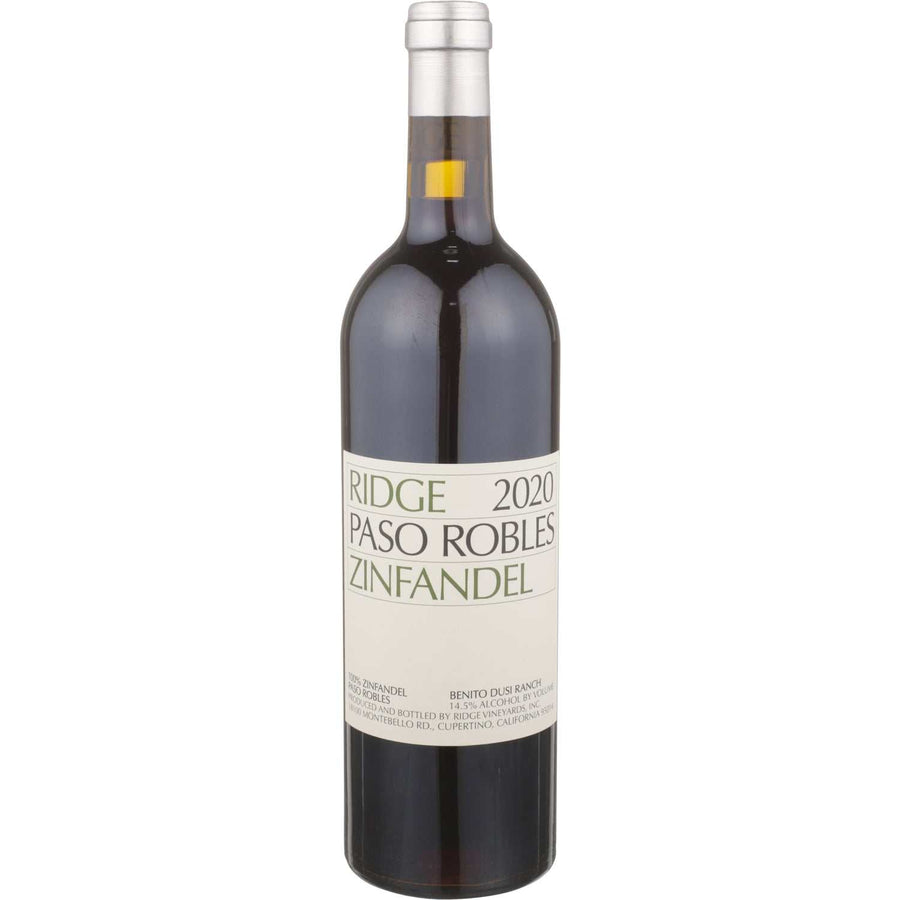 Ridge Vineyards Zinfandel Benito Dusi Ranch 2020 bottle with rich blackberry and plum notes from Paso Robles