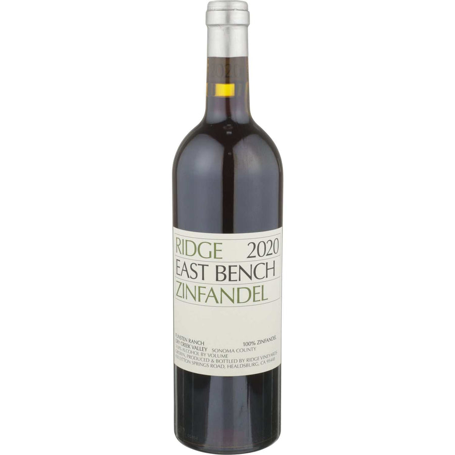 Ridge Vineyards Zinfandel East Bench Vineyard Dry Creek Valley 2020 wine bottle with rich red fruit and rustic oak aromas