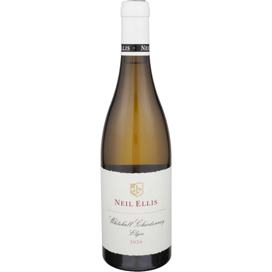 Neil Ellis Chardonnay Whitehall Elgin 2020 wine bottle with natural wood background